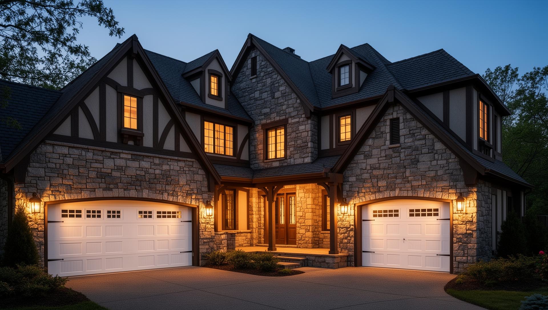 Beautiful Tudor style home with white raised panel garage doors at dusk - Holiday Garage Doors serving Holiday, FL